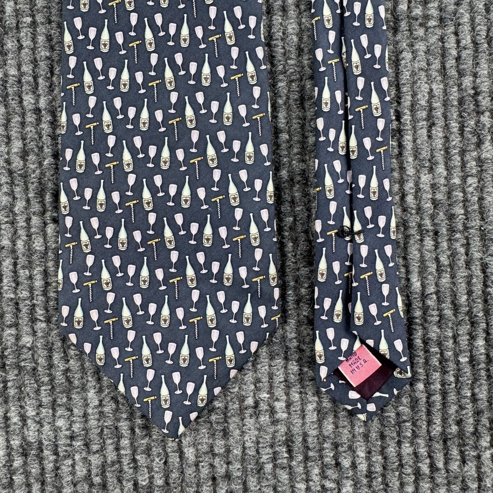 Vineyard Vines Tie Navy Champagne Wine Bottle Cork Silk Handmade USA Wine
